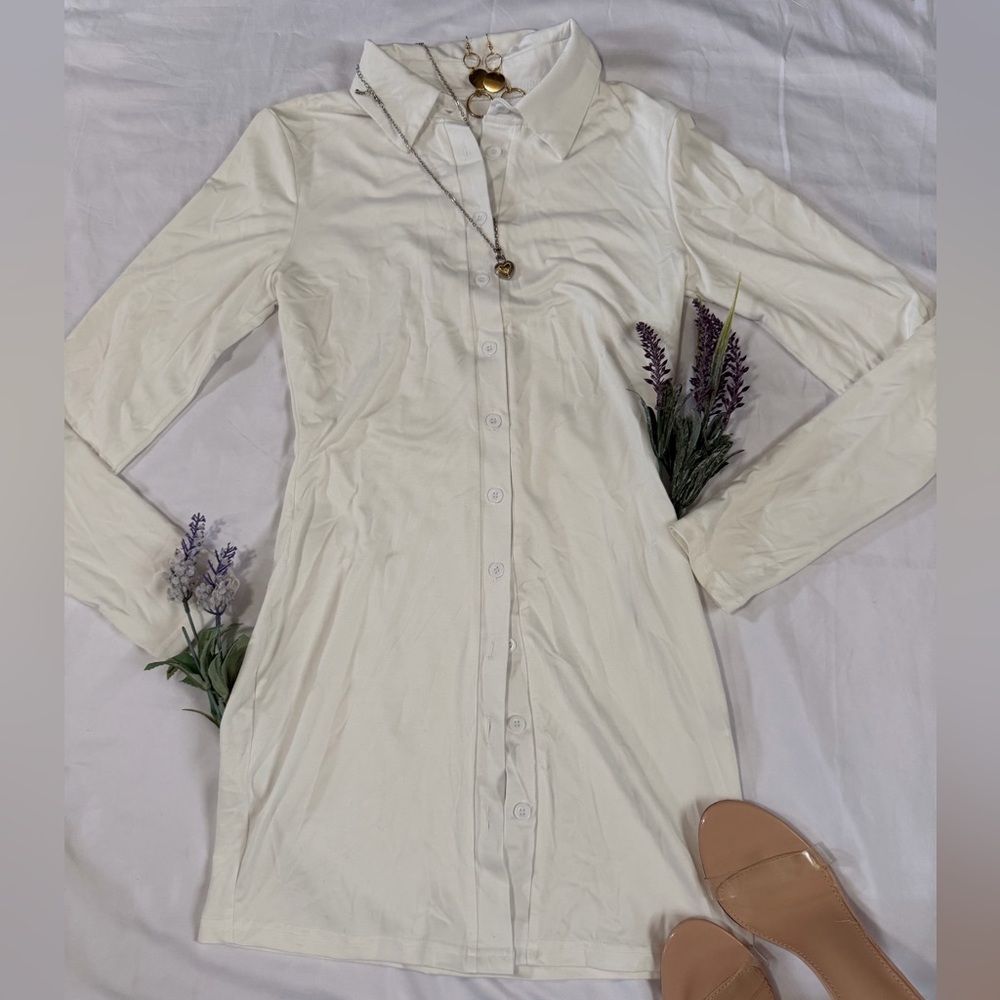 Elegant White Women's Button Up Long Sleeve Dress